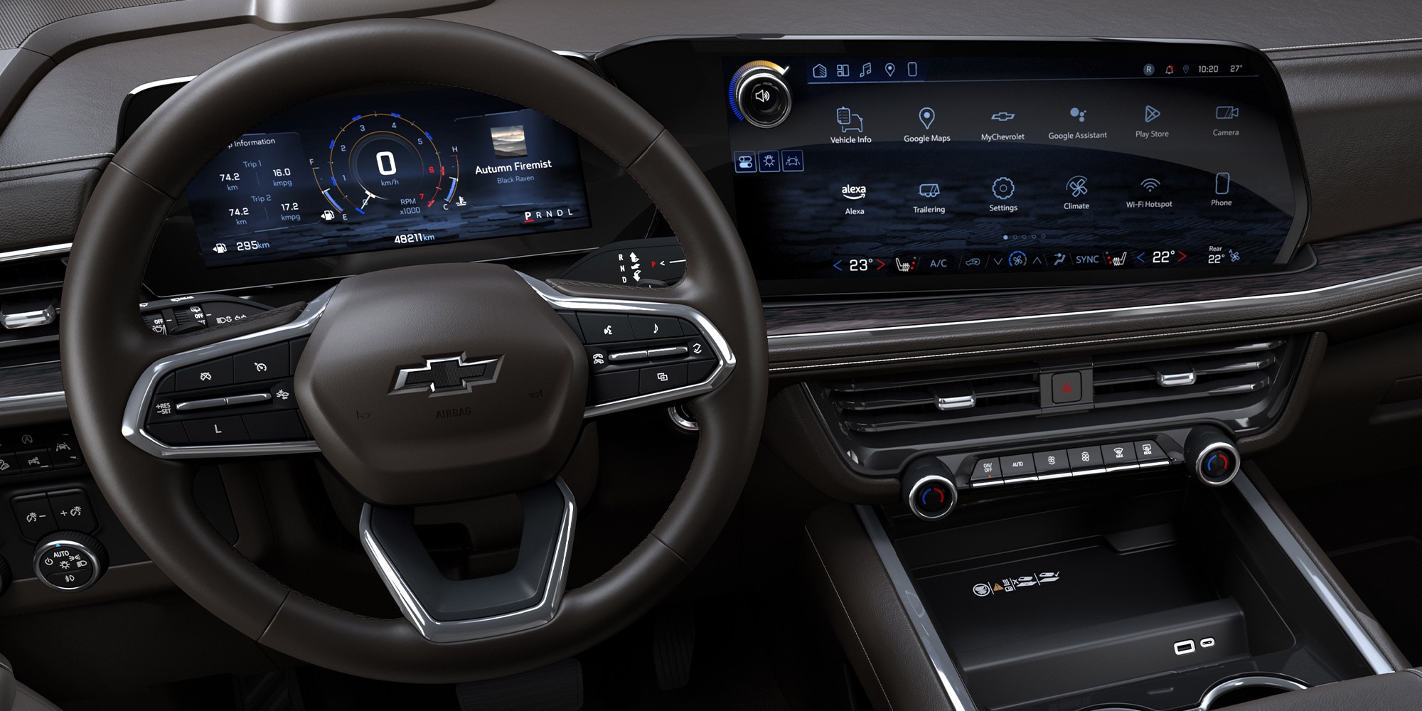 Interior con volante y pantalla de la Chevrolet Suburban Z71