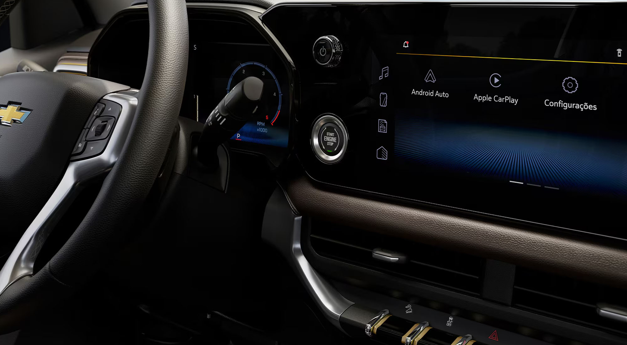 Interior con volante y pantalla de la Chevrolet Trailblazer.